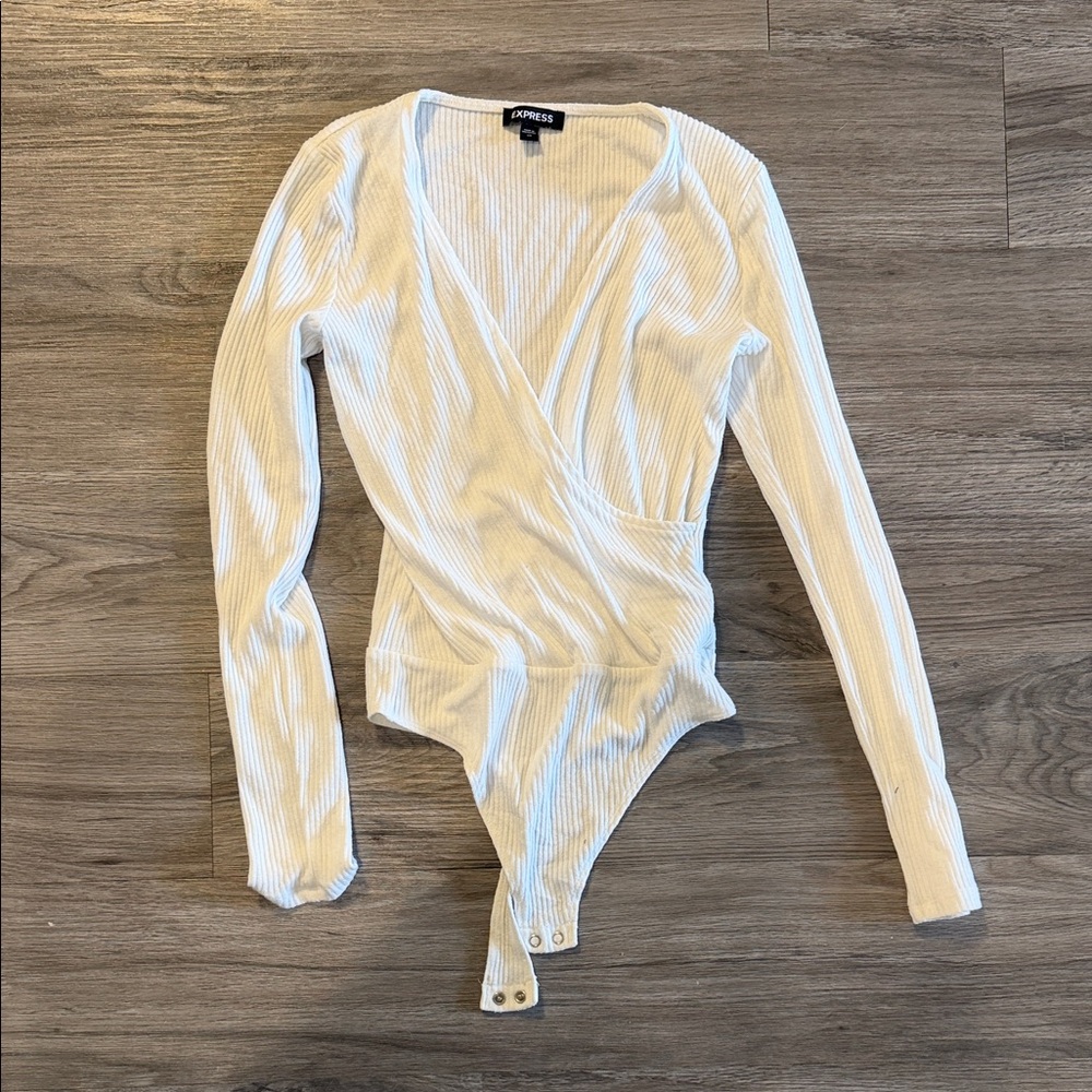 Express White Ribbed Wrap Bodysuit